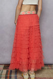 Pearl-Embellished Tiered Ruffle Maxi Skirt