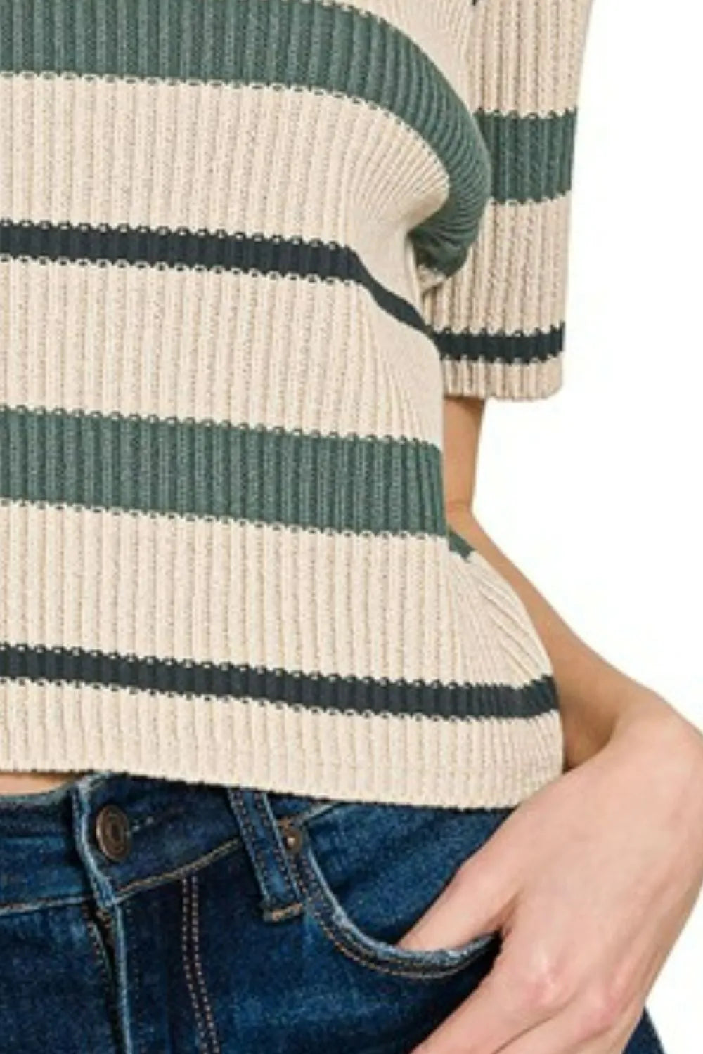 Striped Collared Short Sleeve Cropped Sweater