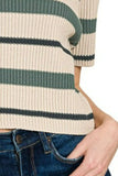 Striped Collared Short Sleeve Cropped Sweater
