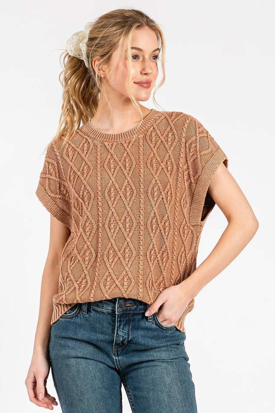 Mineral Wash Cap Sleeve Cable Knit Sweater Top