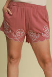 Full Size Linen Blend Shorts with Floral Embroidered Details Plus Size