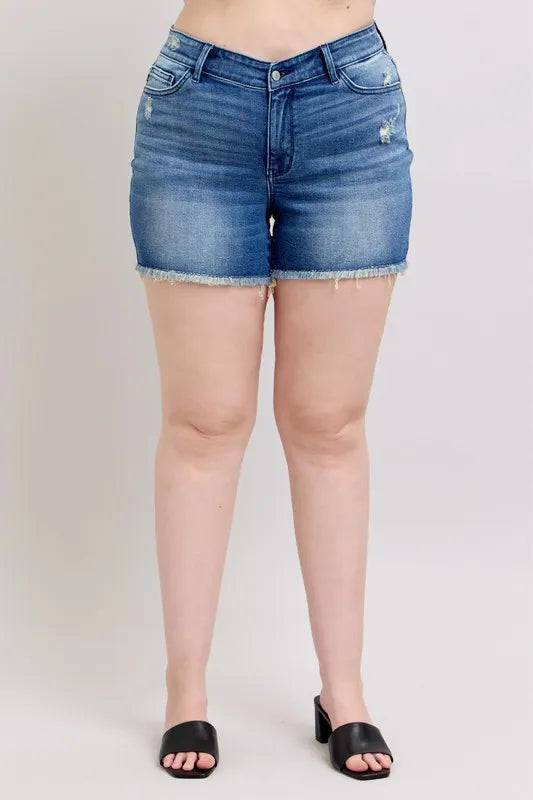 Full Size V-Front Denim Shorts with Shield Pockets Plus Size