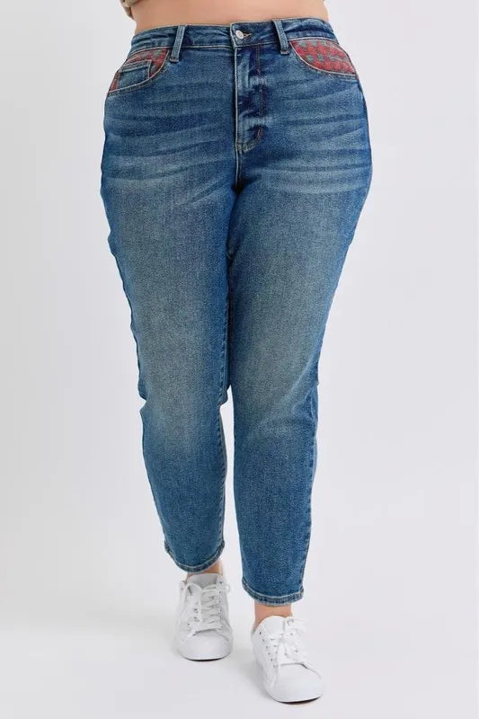 Full Size HW Plaid Patch Slim Fit Jeans Plus Size