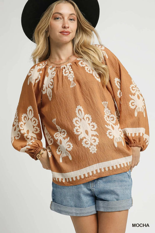 Full-Size Chic Border Print Top with Balloon Sleeves