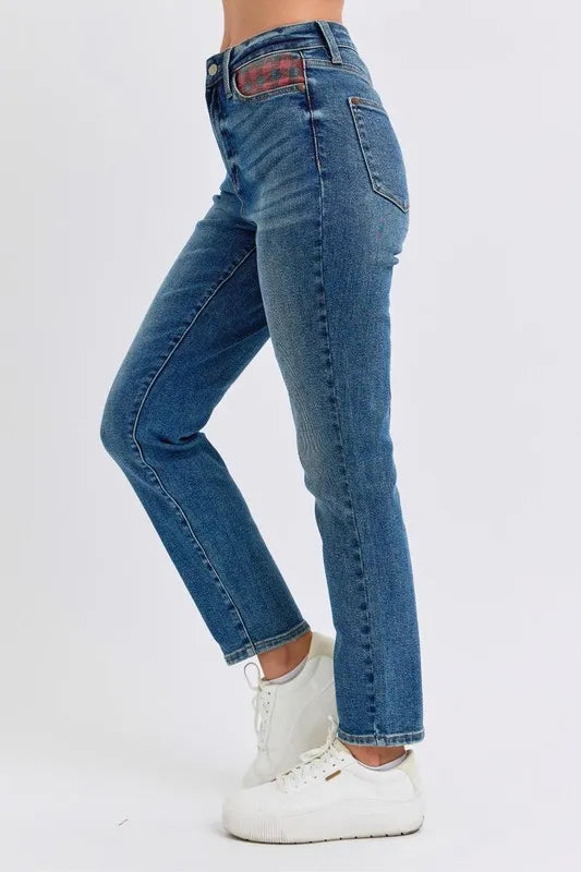 Full Size HW Plaid Patch Slim Fit Jeans Plus Size