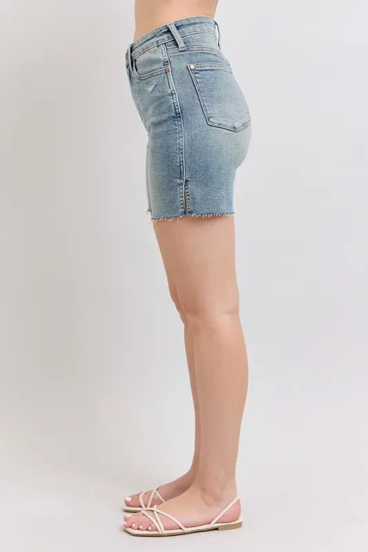 High Waist Vintage Wash Side Slit Denim Shorts