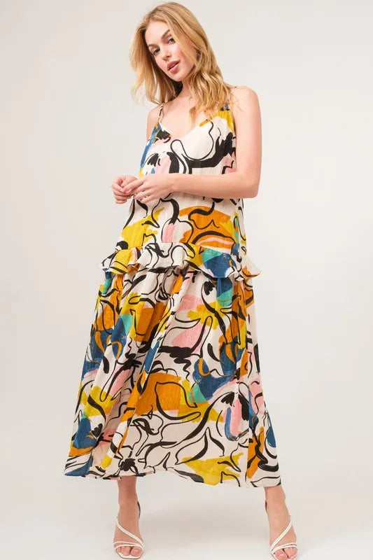 Ruffled Abstract Floral Printed Midi Cami Dress