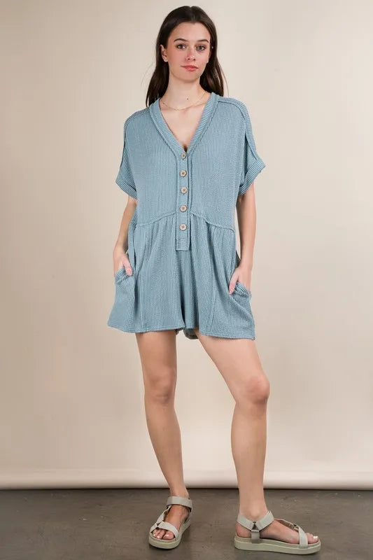 Two Tone Ribbed Knit Comfy Casual Romper