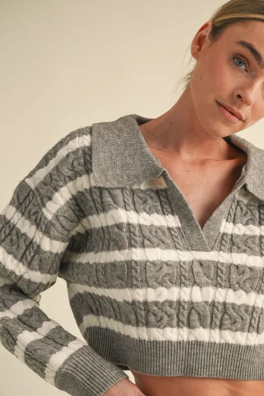 Pale Collared Striped Cropped Cable Knit Sweater