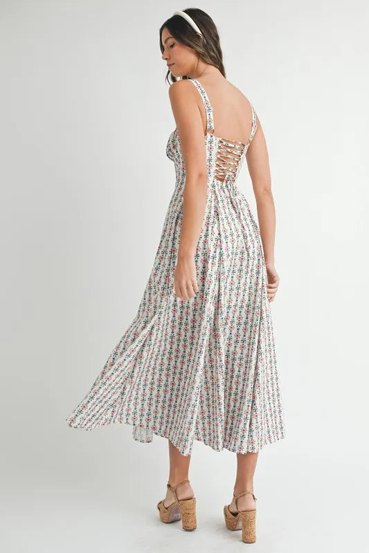 Floral Print Bustier Back Lace Up Midi Dress