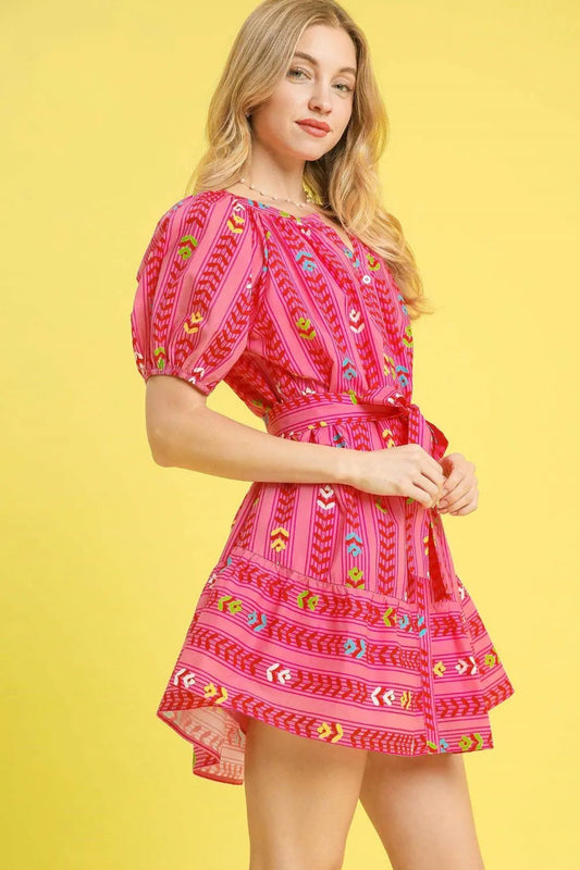 Boho Tie-Belt Puff Sleeve Geometric Mini Dress