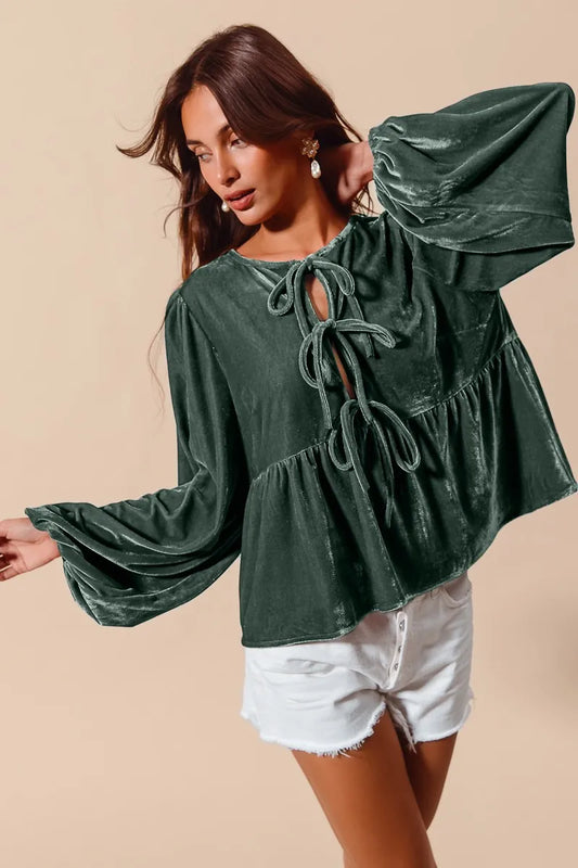 Balloon Sleeve Tie-Front Velvet Peasant Blouse