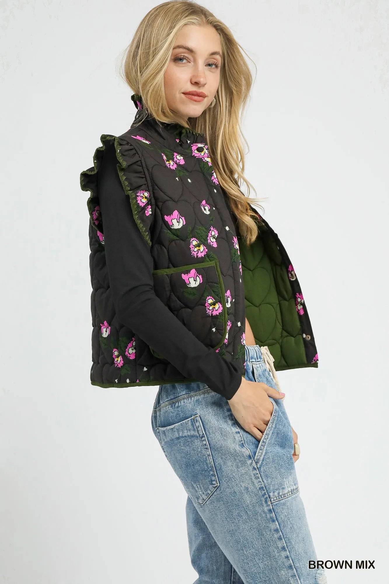 Floral Ruffle Quilted Snap Vest