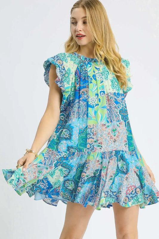 Paisley Ruffle Sleeve Boho Mini Dress