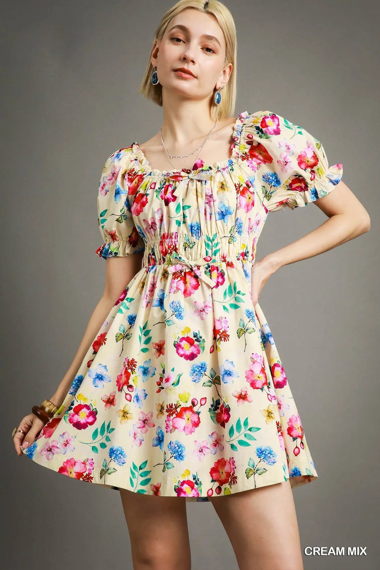 Off-Shoulder Floral Puff Sleeve Mini Dress