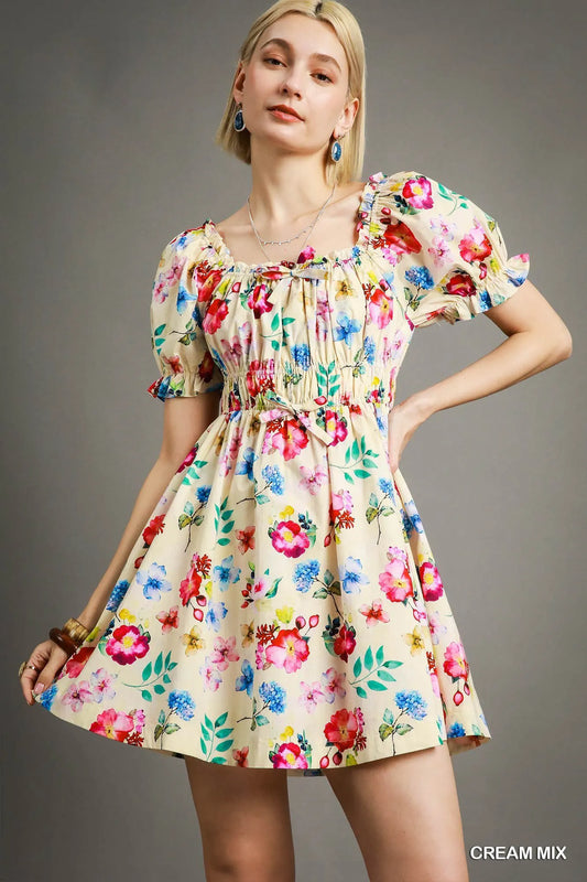 Off-Shoulder Floral Puff Sleeve Mini Dress