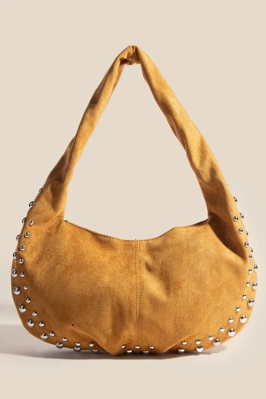 Caramel Faux Suede Handbag with Silver Studs