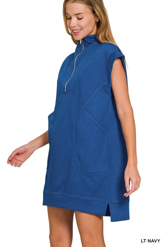 Textured Knit Jacquard Quarter Zipper Mini Dress