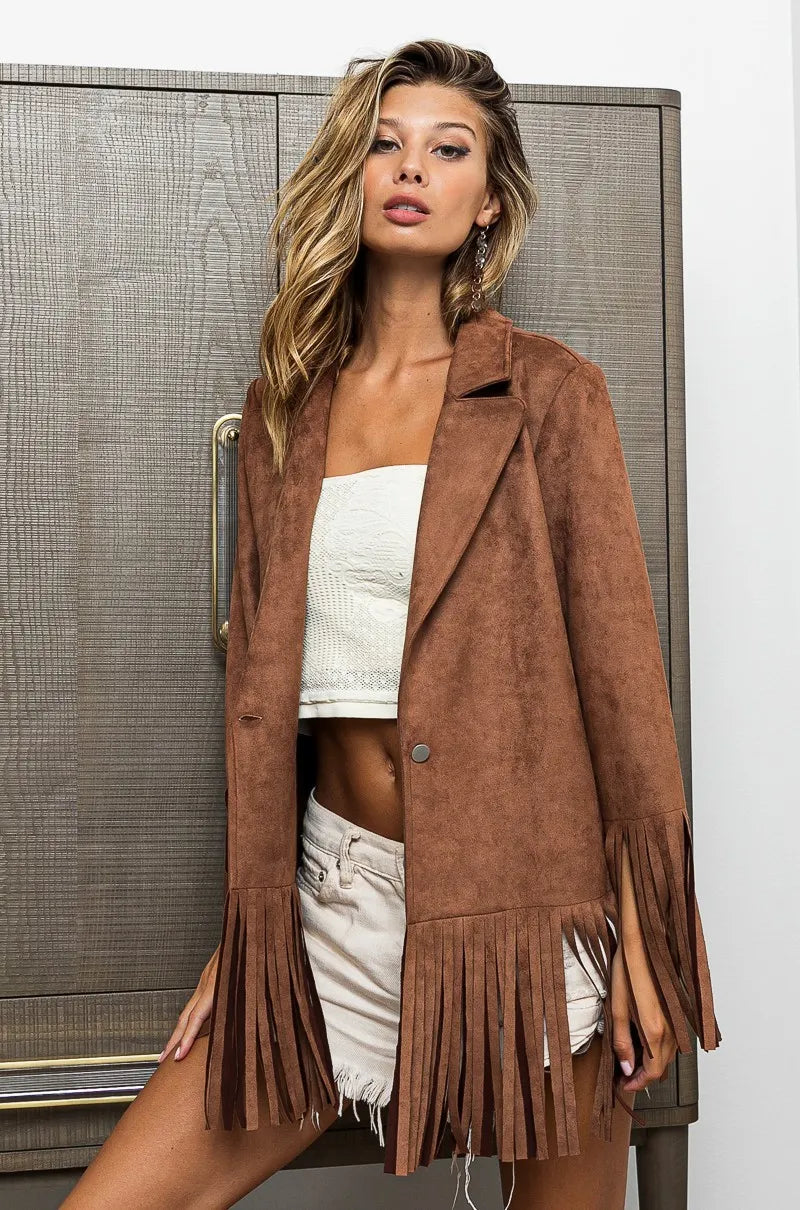 Fringed Hem Suede Blazer with Bohemian Flair