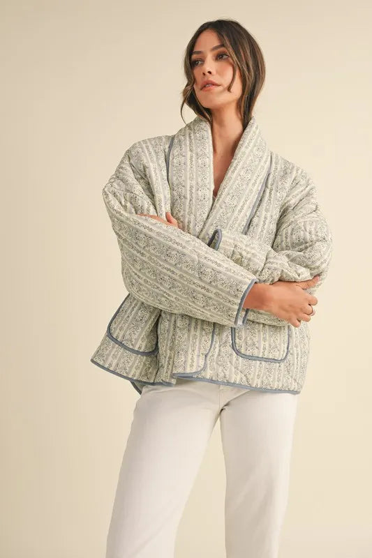 Floral Printed Quilted Open Front Jacket
