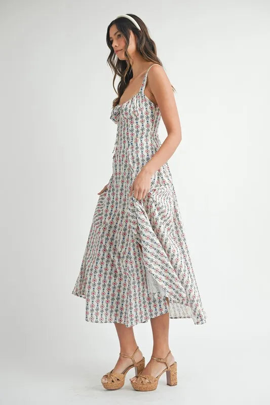 Floral Print Bustier Back Lace Up Midi Dress