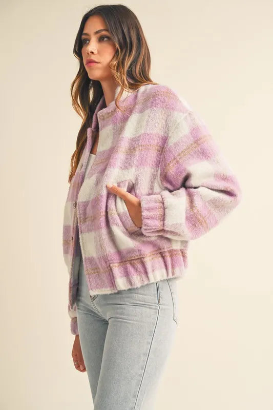 Plaid Print Fuzzy Bomber Jacket