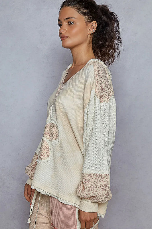 V-Neck Floral Embroidered Sweatshirt with Balloon Sleeves
