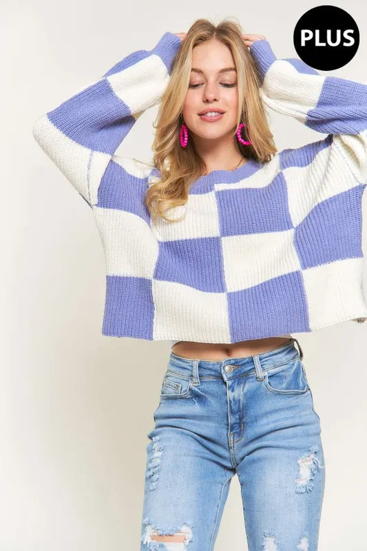 Plus Size Comfy Checkered Colorblock Sweater Top