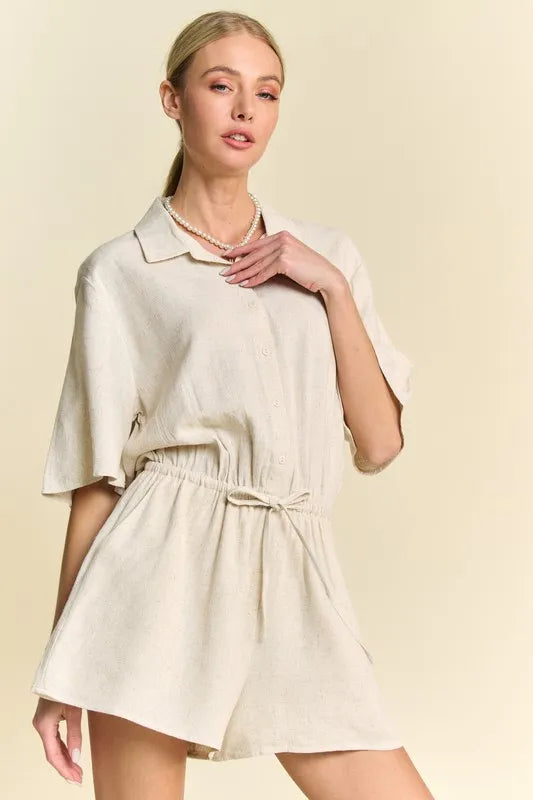 Drawstring Waist Button-Down Shirt Romper