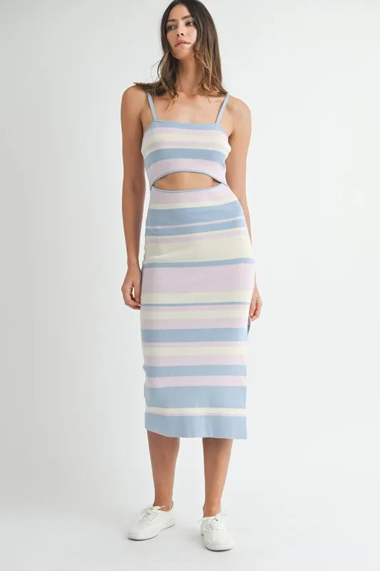 Multi Color Striped Front Cutout Knit Midi Dress