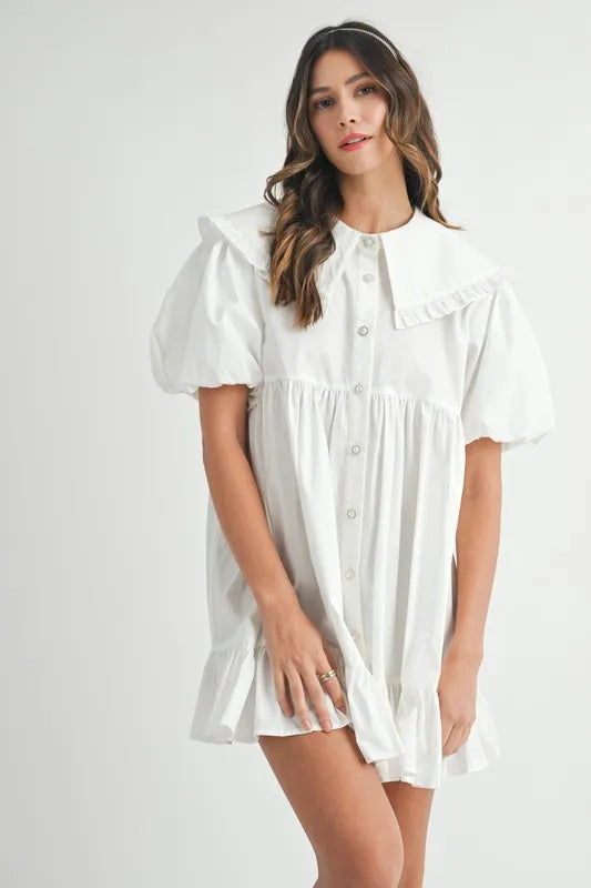 Ruffled Hem Peter Pan Collar Button Down Mini Dress