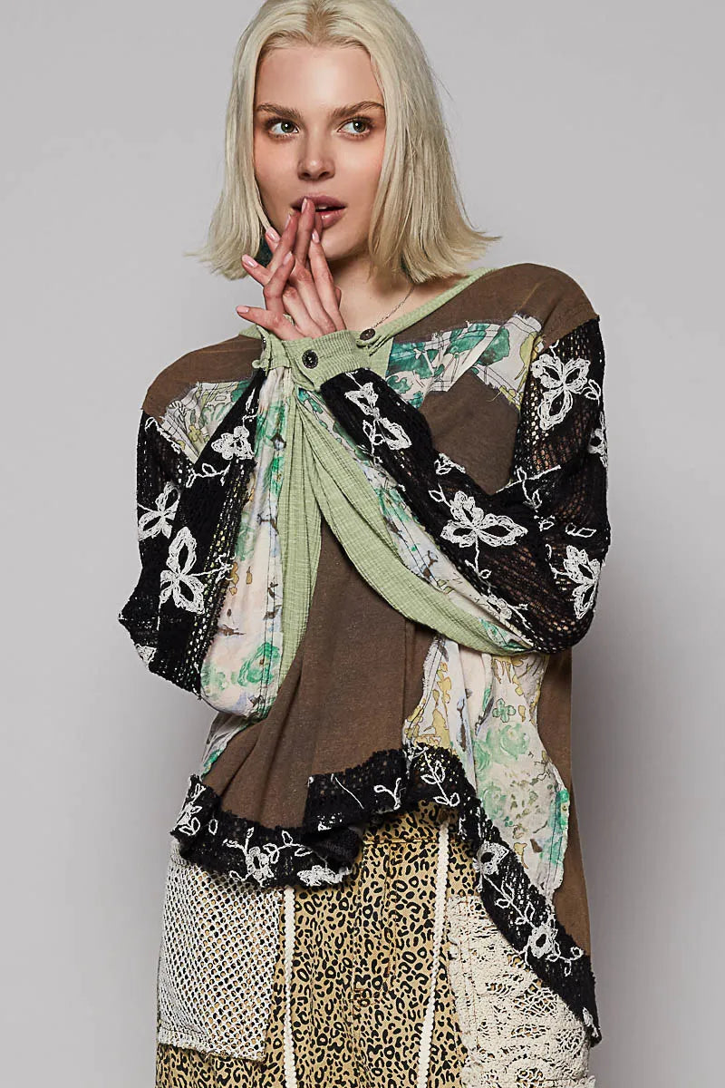 Crochet Sleeve Artistic Patchwork Button Detail Blouse