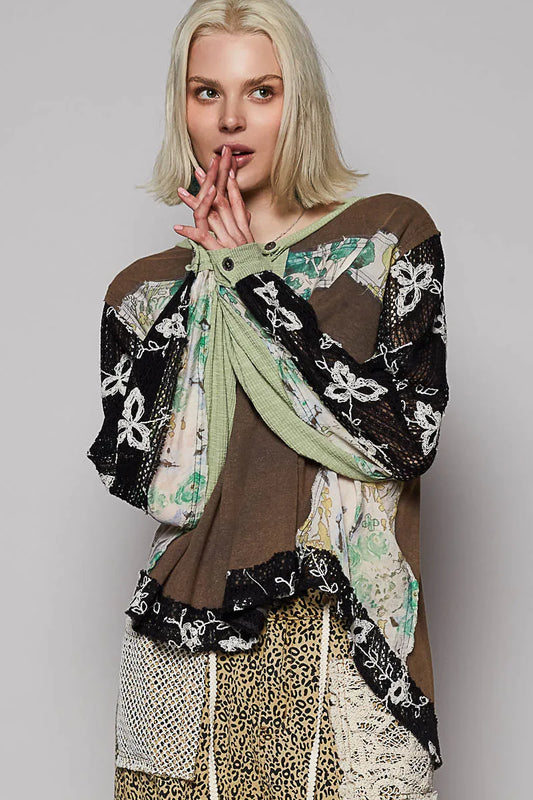 Crochet Sleeve Artistic Patchwork Button Detail Blouse
