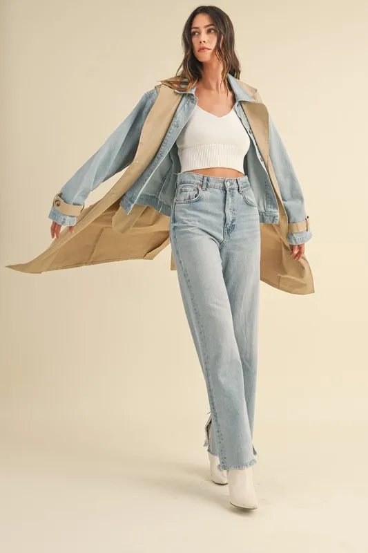 Layered Look Trench Coat With Denim Jacket
