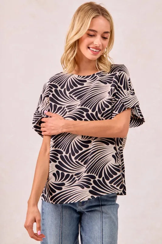 Ruffled Sleeve Fashion Print Blouse