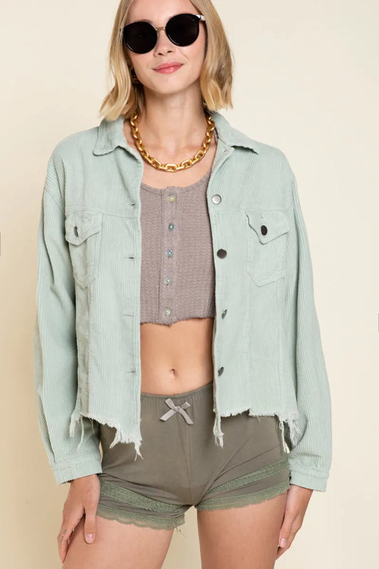 Cropped Distressed Denim Jacket with Pockets