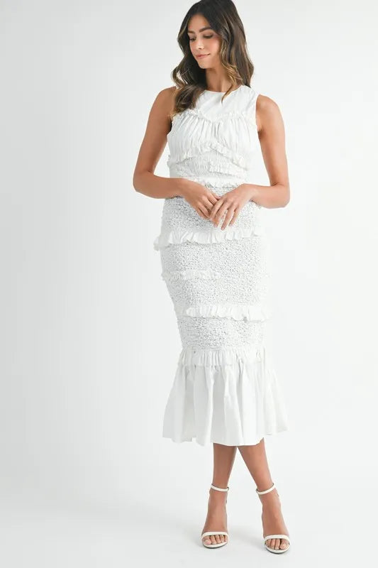 Ruffled Popcorn Smocked Mermaid Midi Dress