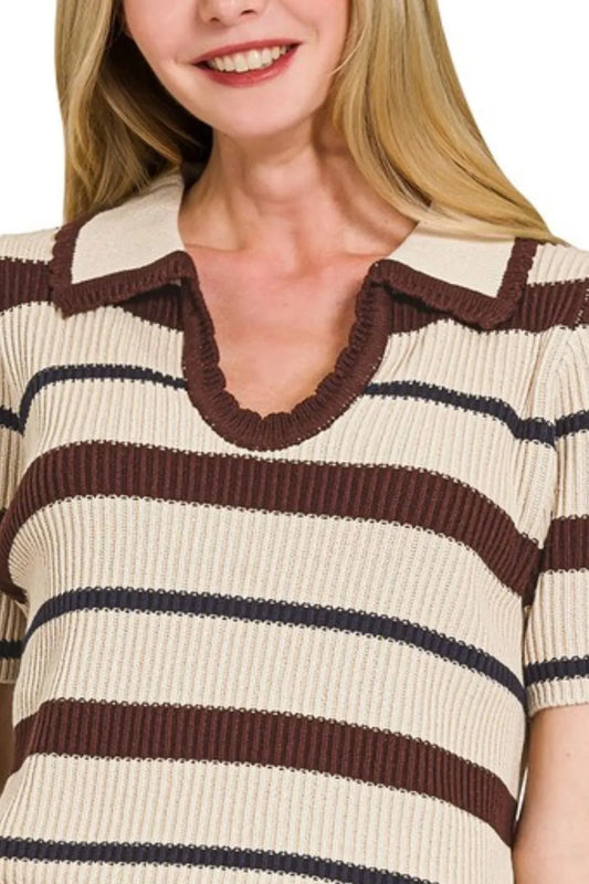 Striped Collared Short Sleeve Cropped Sweater