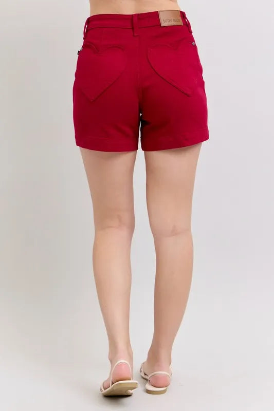 High Waist Tummy Control Garment Dyed Heart Shaped Denim Shorts