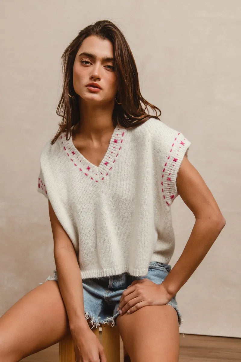 Knit Solid Contrast Stitch Detail Short Sleeves Sweater