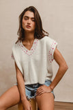 Knit Solid Contrast Stitch Detail Short Sleeves Sweater