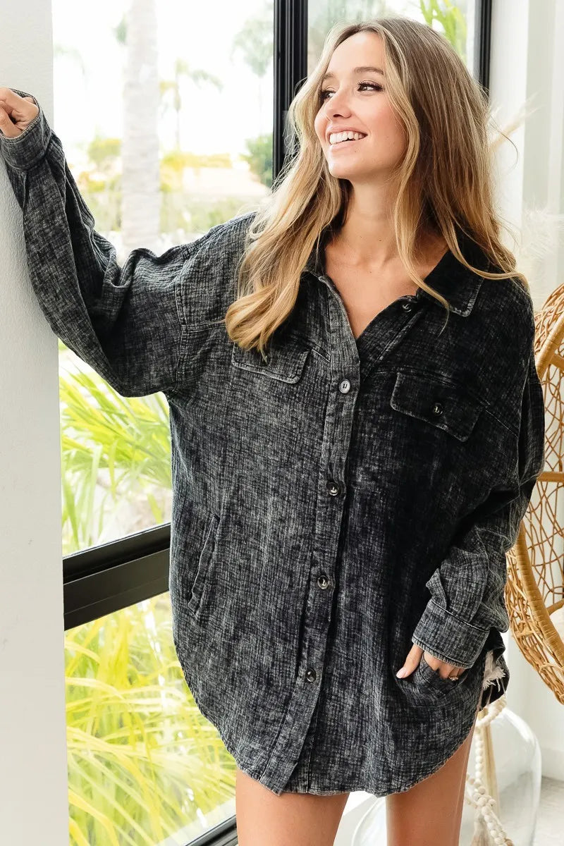 Distressed Denim Shirt Jacket with Raw Hem