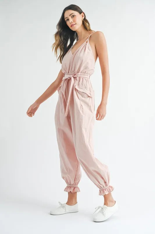 Washed Fabric Spaghetti Strap Waist Belted Jumpsuit