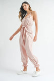 Washed Fabric Spaghetti Strap Waist Belted Jumpsuit