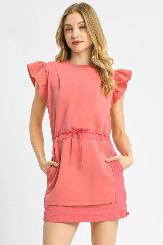 Elegant Flutter Sleeve Drawstring Pocket Dress