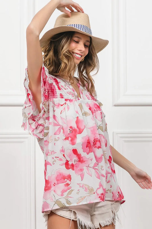 Flutter Sleeve Floral Sheer Blouse