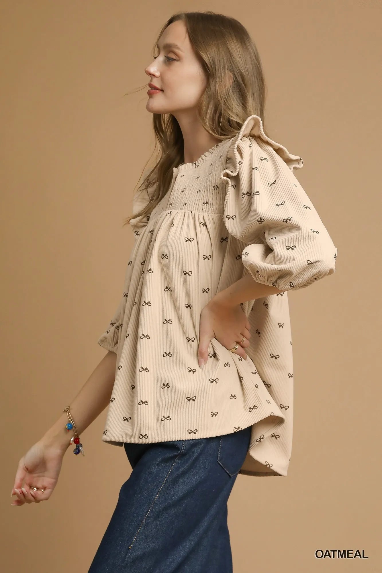 Corduroy Blouse with Puff Sleeves and Ruffles