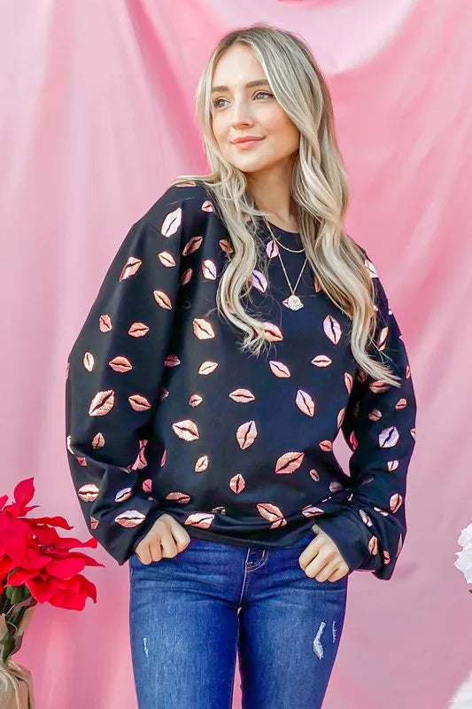 Kiss Pink Foil Allover Print Pullover Sweatshirts