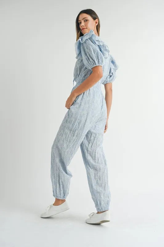 Eyelet Lace Ruffle Shoulder Jumpsuit