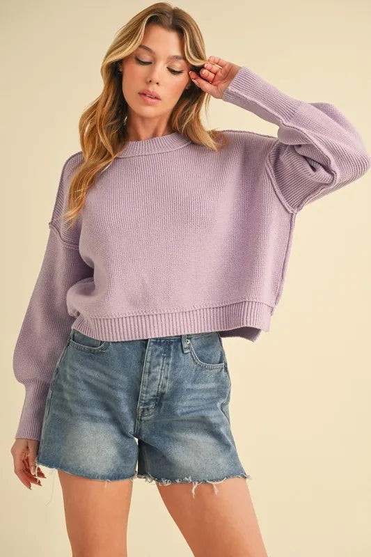 Ribbed Hem Exposed Seam Round Neck Sweater
